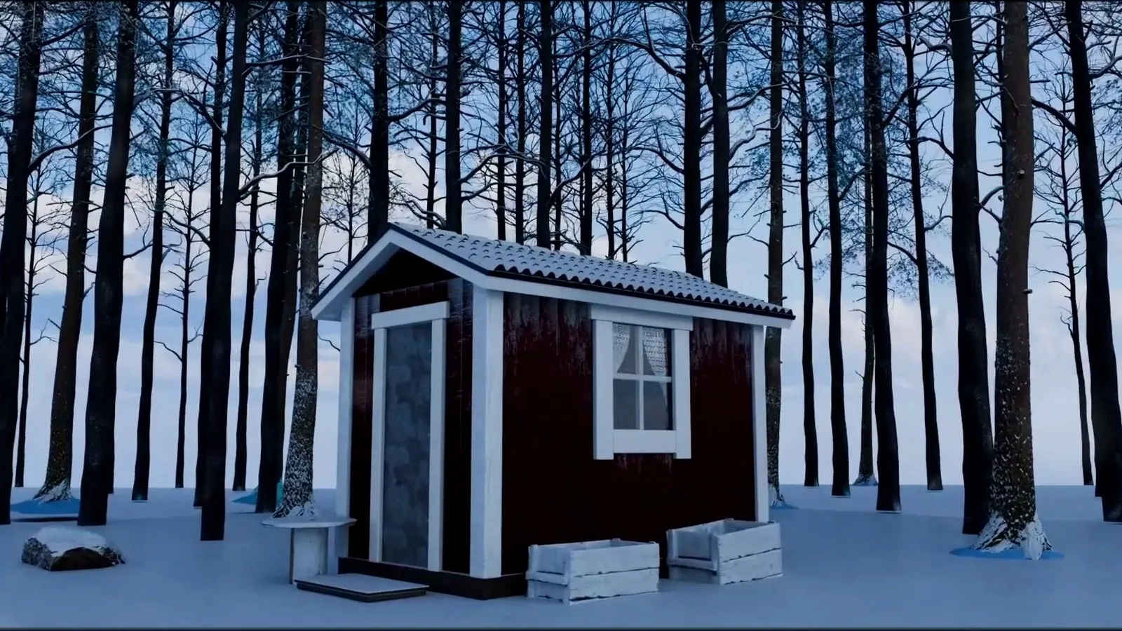 A red cabin in a snowbound Swedish forest